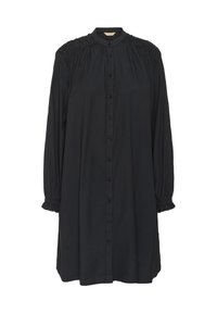 Robe noire à manches longues avec un devant à boutons, des détails froncés aux épaules et des poignets à volants. Fabriquée dans un tissu doux avec une texture lisse.