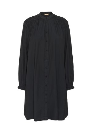 Black long-sleeve dress with a button-down front, gathered detail at shoulders, and ruffled cuffs. Made from a soft fabric with a smooth texture.