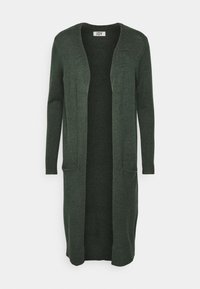 Lång, öppen cardigan i mörkgrön. Mjukt stickat material med ribbade manschetter och två framfickor. Enkel design, utan mönster eller knäppningar.