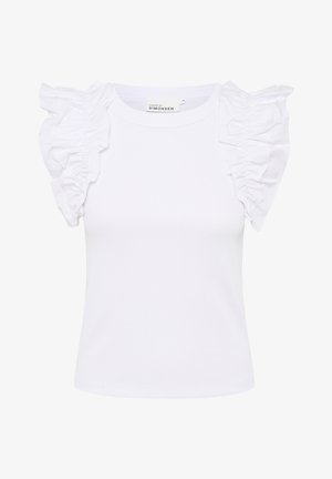Weißes Kurzarmoberteil mit Rüschendetails an den Schultern, gefertigt aus einem gerippten Stoff mit tailliertem Schnitt.