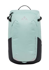Zaino di un leggero verde acqua con dettagli neri, tessuto testurizzato, maniglia superiore e chiusura con zip. Presenta il logo e l'etichetta "Trailvent W 15".