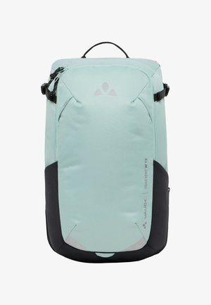 Light teal backpack with black accents, textured fabric, top handle, and zippered closure. Features logo and "Trailvent W 15" label.
