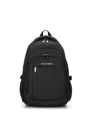 Zaino nero realizzato in tessuto resistente, dotato di due compartimenti principali con zip, tasca frontale, spallacci regolabili e tasche laterali in rete.