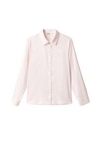 Light pink long-sleeve shirt made of smooth fabric, featuring a button-down front, classic collar, and buttoned cuffs.