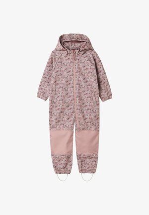 Combinaison à capuche rose avec motif floral, poignets élastiques et genoux renforcés. Fermeture éclair sur le devant et sangles pour les pieds réglables pour un ajustement sécurisé.