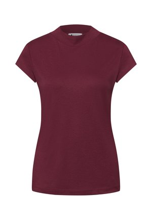 Haut pour femme à manches courtes bordeaux avec col montant et silhouette cintrée, en tissu lisse.