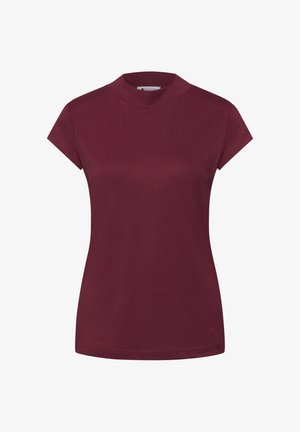 Bordeauxrotes Damenoberteil mit kurzen Ärmeln, Stehkragen und figurbetonter Silhouette aus glattem Stoff.