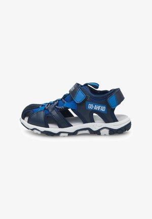 Sandali blu navy con tomaia in rete e materiale sintetico. Presentano una fascia regolabile e una suola in gomma bianca con dettagli antiscivolo.