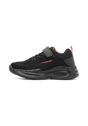 Black mesh sneakers with a textured upper, grey accents, a Velcro strap, and a cushioned sole. Features a slight orange detail on the side.