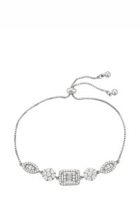 Bracciale regolabile in argento caratterizzato da incastonature alternate rotonde e a marquise con gemme trasparenti e un fermaglio scorrevole con estremità a perla.