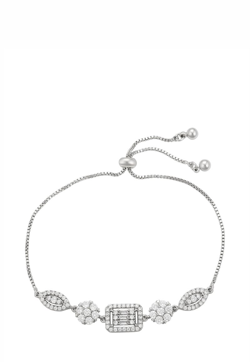 Bracciale regolabile in argento caratterizzato da incastonature alternate rotonde e a marquise con gemme trasparenti e un fermaglio scorrevole con estremità a perla.