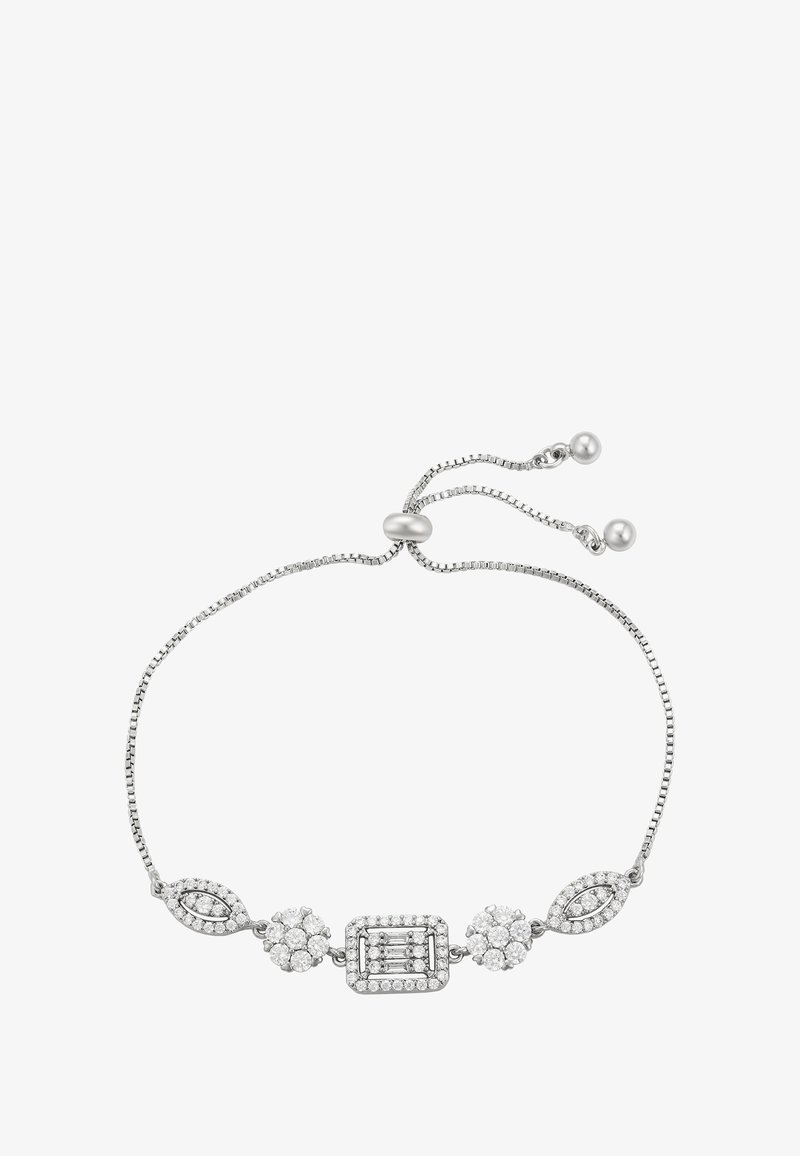 Sidabrinis reguliuojamas apyrankė, kurią puošia pakaitomis išdėstyti apvalūs ir marquise formos laikikliai su skaidriais brangakmeniais ir slydimo užsegimas su perlų galais.