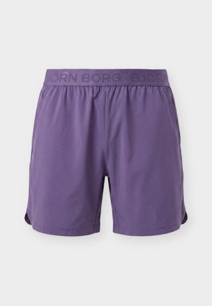 Pantalones cortos deportivos para hombre de color morado con cintura elástica con la marca "BJÖRN BORG" y bolsillos laterales sobre un fondo liso.