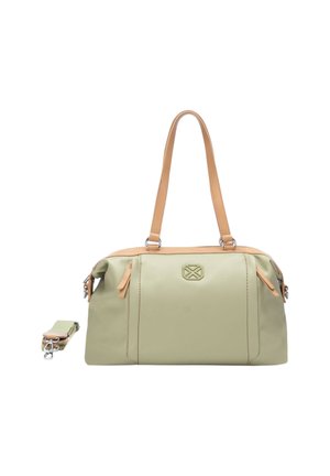 Borsa verde chiaro e beige con doppi manici, cerniere laterali, tracolla removibile e logo in rilievo sul pannello anteriore.