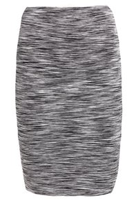 Jupe crayon à rayures noires et blanches avec une coupe ajustée, en tissu texturé à surface lisse, de longueur mi-longue.