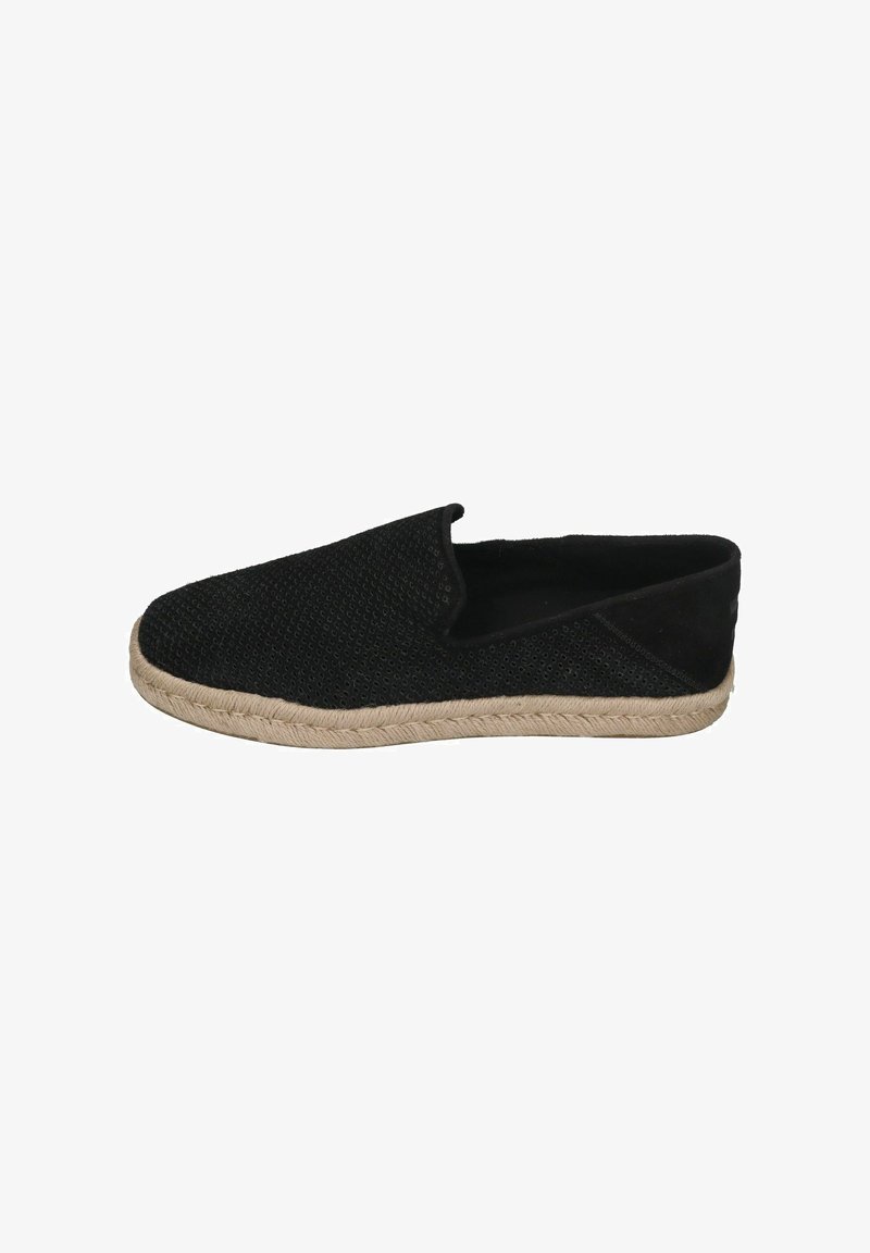Black espadrille shoe with a textured upper, jute rope sole, and elastic sides for easy slip-on fit. Simple design with lightweight construction.