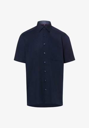 Camicia blu navy a maniche corte con bottoni, colletto e taschino sul petto, con fodera interna del colletto fantasia.