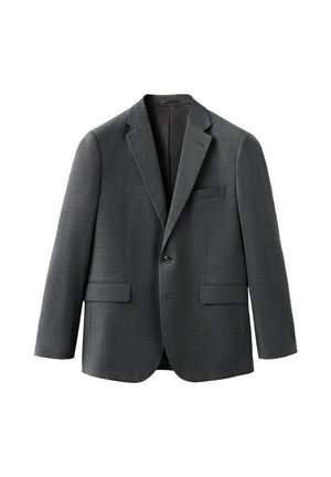 Ciemnoszara, jednorzędowa marynarka męska z wciętymi klapami, kieszenią na piersi oraz dwiema przednimi kieszeniami z patkami, prezentowana na białym tle.