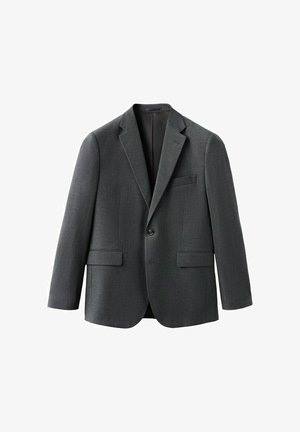 Blazer da uomo grigio scuro con un solo bottone, rever a dente di cane, taschino sul petto e due tasche frontali con patta, mostrato su uno sfondo bianco.