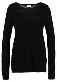 Black long-sleeve knit sweater with subtle textured pattern and round neckline, designed for women.