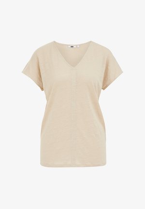 Beige T-shirt met korte mouwen en V-hals, gemaakt van een zachte, structuurtstof. Voorzien van een centrale naad en een relaxte pasvorm.