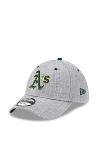 Grau baseball cap aus strukturiertem Stoff mit aufgesticktem, gelbem und grünem "A's"-Logo, grünen Akzenten und einem gebogenen Schirm.