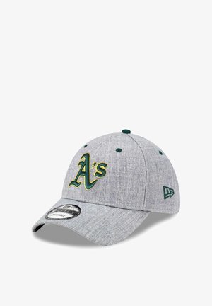 Gray baseball cap made of textured fabric, featuring yellow and green embroidered "A's" logo, green accents, and a curved brim.