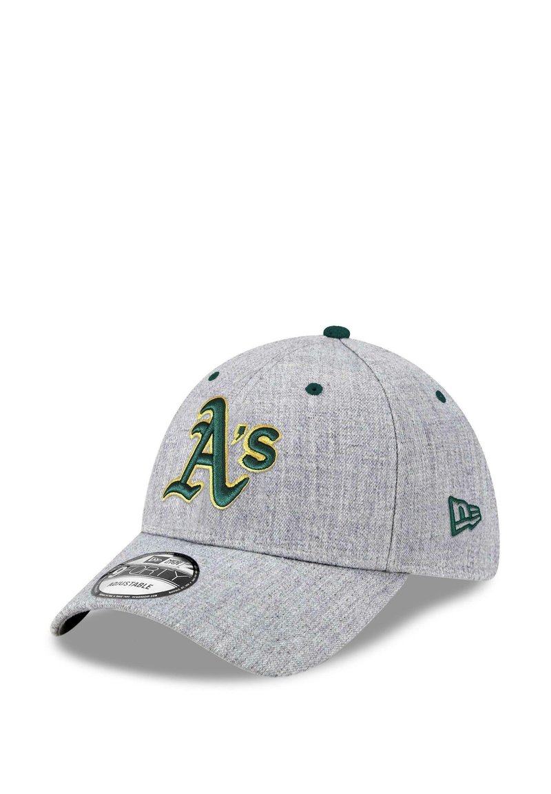 Grau baseball cap aus strukturiertem Stoff mit aufgesticktem, gelbem und grünem "A's"-Logo, grünen Akzenten und einem gebogenen Schirm.