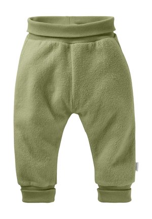 Zachte babybroek in olijfgroen fleece met elastische tailleband en boorden, ontworpen voor warmte en comfort.