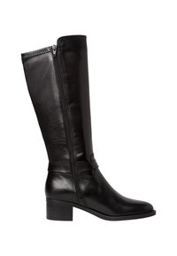 Bottes hautes en cuir noir à finition lisse, fermeture éclair latérale et talon carré bas. Dotées d'une sangle décorative à la cheville.