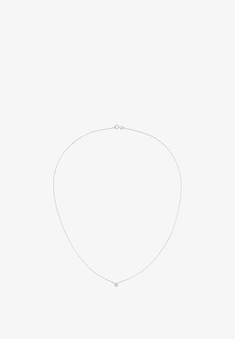 Sølv nakkeled med en fin kæde og et lille kvadratisk vedhæng i midten. Kæden ser delikat og poleret ud med en spændeåbning.