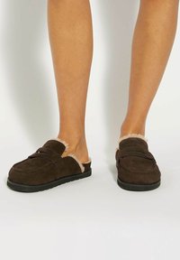 Brown suede slippers with fur lining, slip-on design, rounded toes, and a cushioned sole. No visible hardware or distinct patterns.