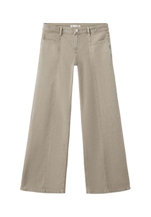 Pantalones beige de pierna ancha con costuras delanteras, trabillas para cinturón, un botón y dos bolsillos delanteros.