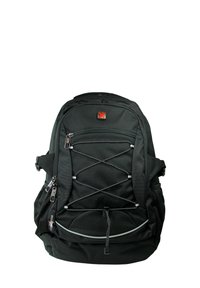 Sac à dos noir en tissu durable, doté d'une poche en mesh à l'avant, de compartiments zippés, d'accents en cordon élastique et de bretelles ajustables.