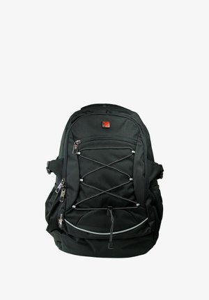 Sac à dos noir en tissu durable, doté d'une poche en mesh à l'avant, de compartiments zippés, d'accents en cordon élastique et de bretelles ajustables.