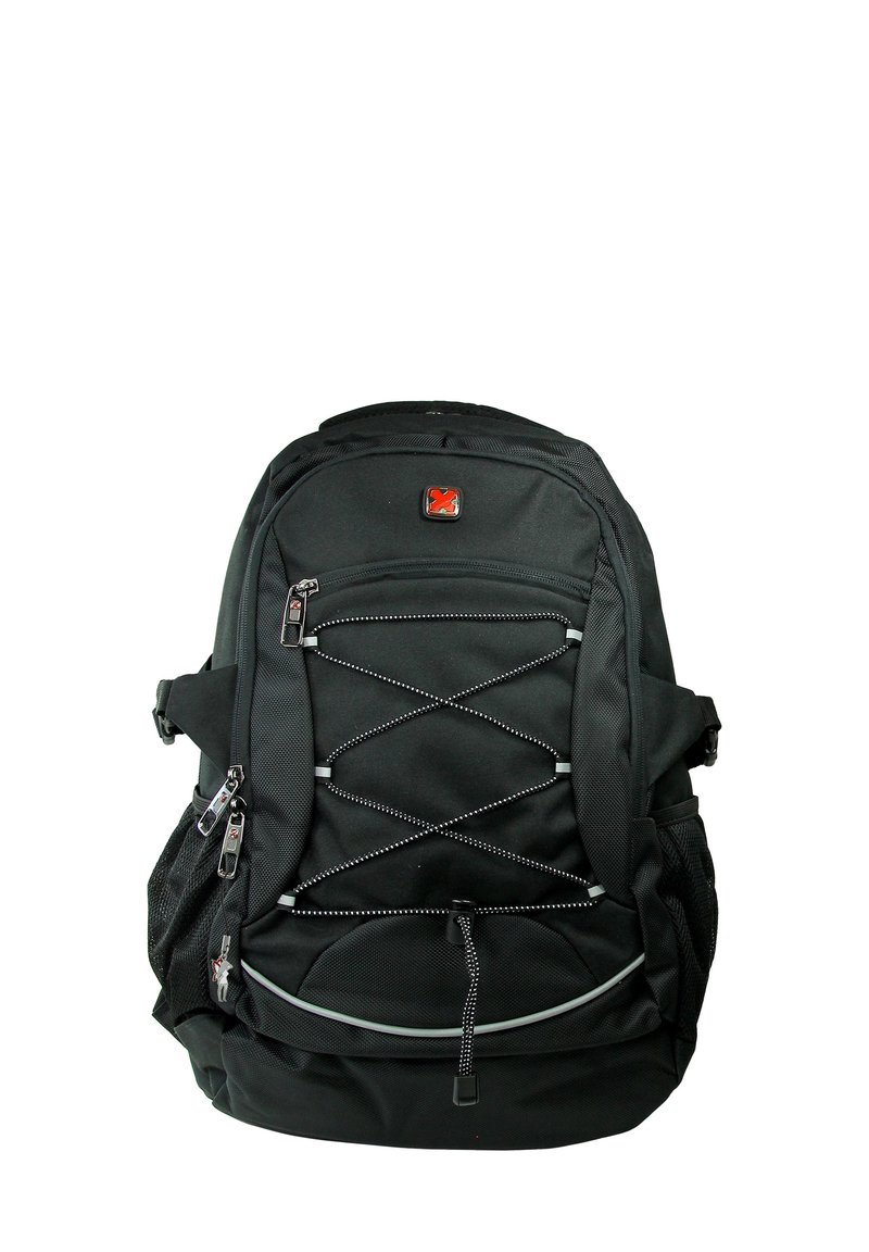 Sac à dos noir en tissu durable, doté d'une poche en mesh à l'avant, de compartiments zippés, d'accents en cordon élastique et de bretelles ajustables.