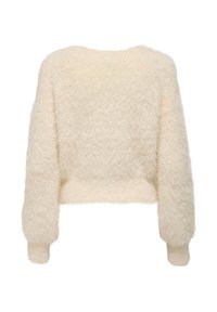 Fuzzy cream cropped sweater with long sleeves, textured finish, and round neckline. Soft fabric with a fluffy appearance.