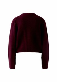 Bordeauxfarbener, kurzhalsiger Pullover mit langen Ärmeln, aus weichem Material gefertigt, mit rundem Halsausschnitt und geripptem Saum für eine enge Passform.
