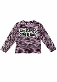 Langarmshirt in Pink mit schwarzen Zebra-Streifen, mit einem großen grafischen Text "Einhörner sind echt!" und einem blauen Hornakzent.