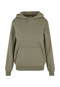 Sweat à capuche vert olive en tissu mélangé de coton, doté d'une poche frontale, d'une capuche ajustable avec cordon de serrage, et de poignets et ourlet côtelés.