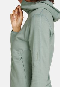 Sweatshirt à capuche gris-vert avec un col haut, des détails de couture, une poche latérale et un logo sur la manche. Tissu doux et texturé.