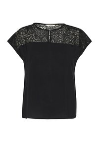 Black short-sleeve top featuring lace detailing on shoulders, round neckline, and a relaxed fit. Smooth texture with a slight sheen.