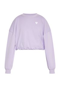 Krótkie bluzy z miękkiego materiału w jasnofioletowym kolorze. Posiada szerokie rękawy oraz małe białe logo serca na klatce piersiowej.