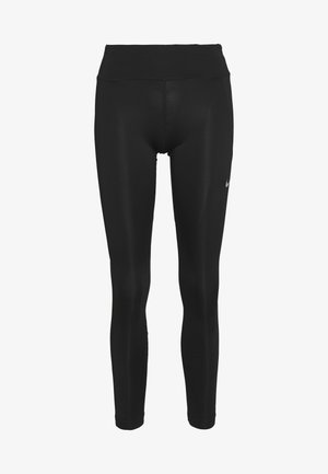Leggings deportivos negros hechos de tela elástica, con una cintura alta, textura suave y un pequeño logo en un lado.