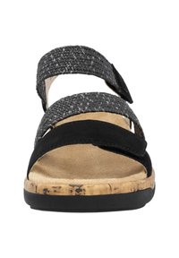 Sandales noires avec deux sangles tissées grises texturées et une bande en suède noire. Semelle en liège avec une semelle en caoutchouc, profil plat et design ouvert.