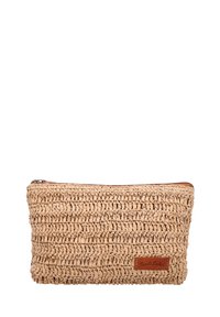 Beige Tasche aus gewebten Naturfasern mit strukturiertem Oberflächen, Reißverschluss und einem braunen Lederakzentlabel.