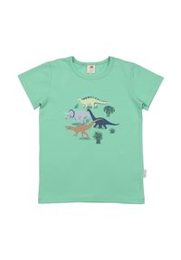 Mintgrünes Baumwoll-T-Shirt mit einem mehrfarbigen Dinosaurier-Graphic, das einen Tyrannosaurus rex und einen Triceratops zeigt, vor einem Blattdesign.