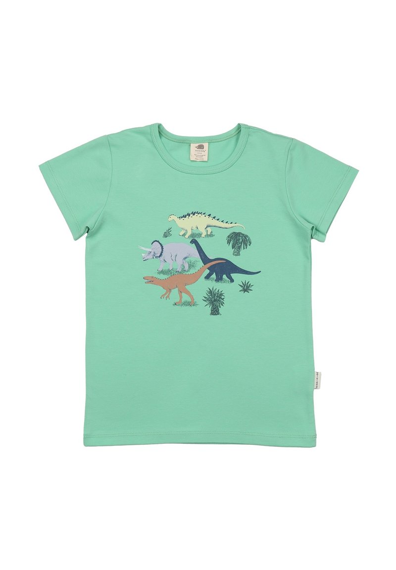 Mintgrünes Baumwoll-T-Shirt mit einem mehrfarbigen Dinosaurier-Graphic, das einen Tyrannosaurus rex und einen Triceratops zeigt, vor einem Blattdesign.