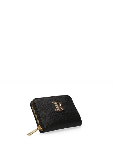 Portefeuille en cuir texturé noir avec une fermeture éclair dorée et un logo "JR" doré sur le devant, incliné sur un fond blanc.