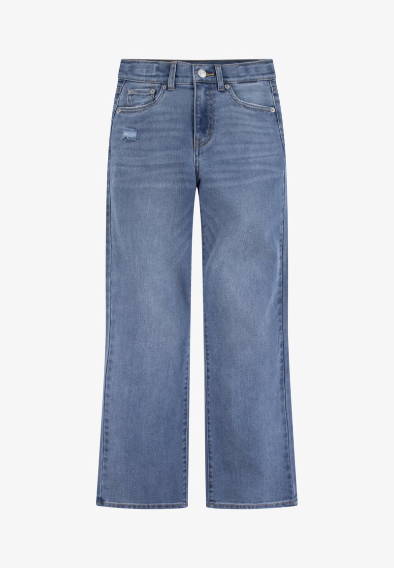 Heledad siniste denimit, laia jalg, kõrge vöökoht, sisseehitatud kulumisüksikasjaga, viie taskuga ja kangas on kergelt pleekinud.